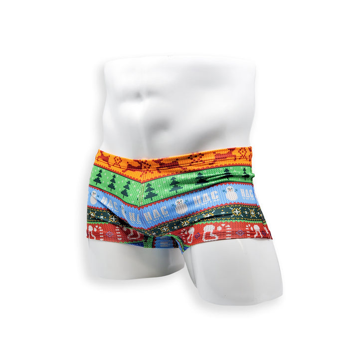 Mens Swimsuit Box Cut Swim Trunk in Ugly Christmas Sweater Print for Swimming Aesthetic Bodybuilding Posing or Mens Pole Dance