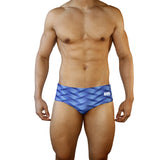 Mens Swimsuit Vintage Cut Swim Brief in Blue Wobbly Wave Print for Swimming Aesthetic Bodybuilding Posing or Mens Pole Dance