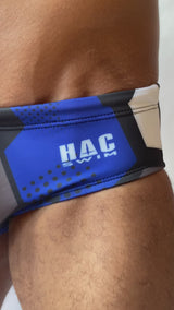 Video Mens Swimsuit Basic Swim Brief in Blue Hexagon Print for Swimming Aesthetic Bodybuilding Posing or Mens Pole Dance